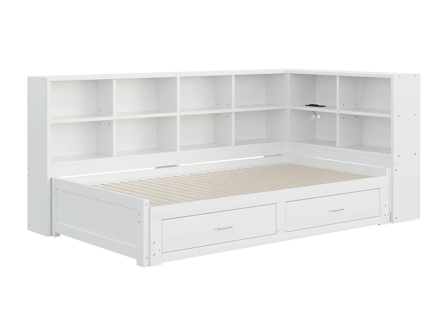 Rozkładana sofa - 90/180 x 190 cm - ze schowkiem + 2 szuflady + gniazdo - sosna + sklejka + MDF - biały