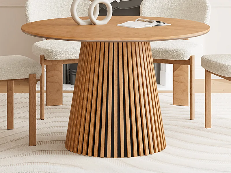 Table à manger ronde 4 personnes placage chêne - Naturel - CARMIZA