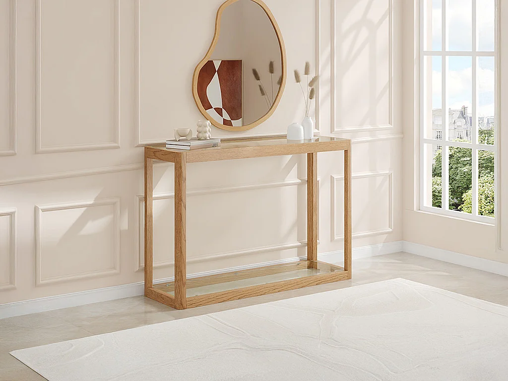 Console en verre trempé et chêne - Transparent et Naturel - ZUNARIL