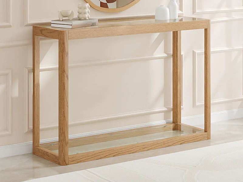 Console en verre trempé et chêne - Transparent et Naturel - ZUNARIL