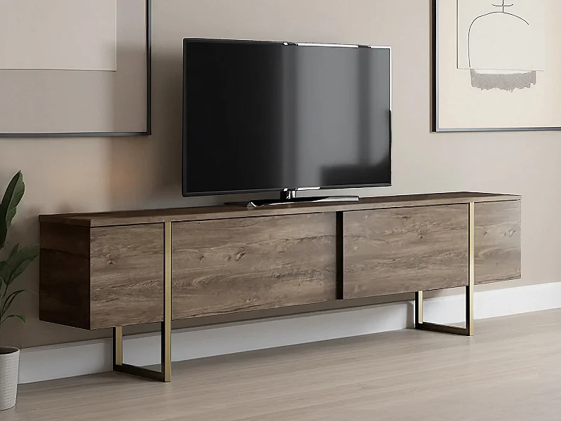 Mueble TV con 2 puertas - Marrón oscuro y dorado - ZIRELDA