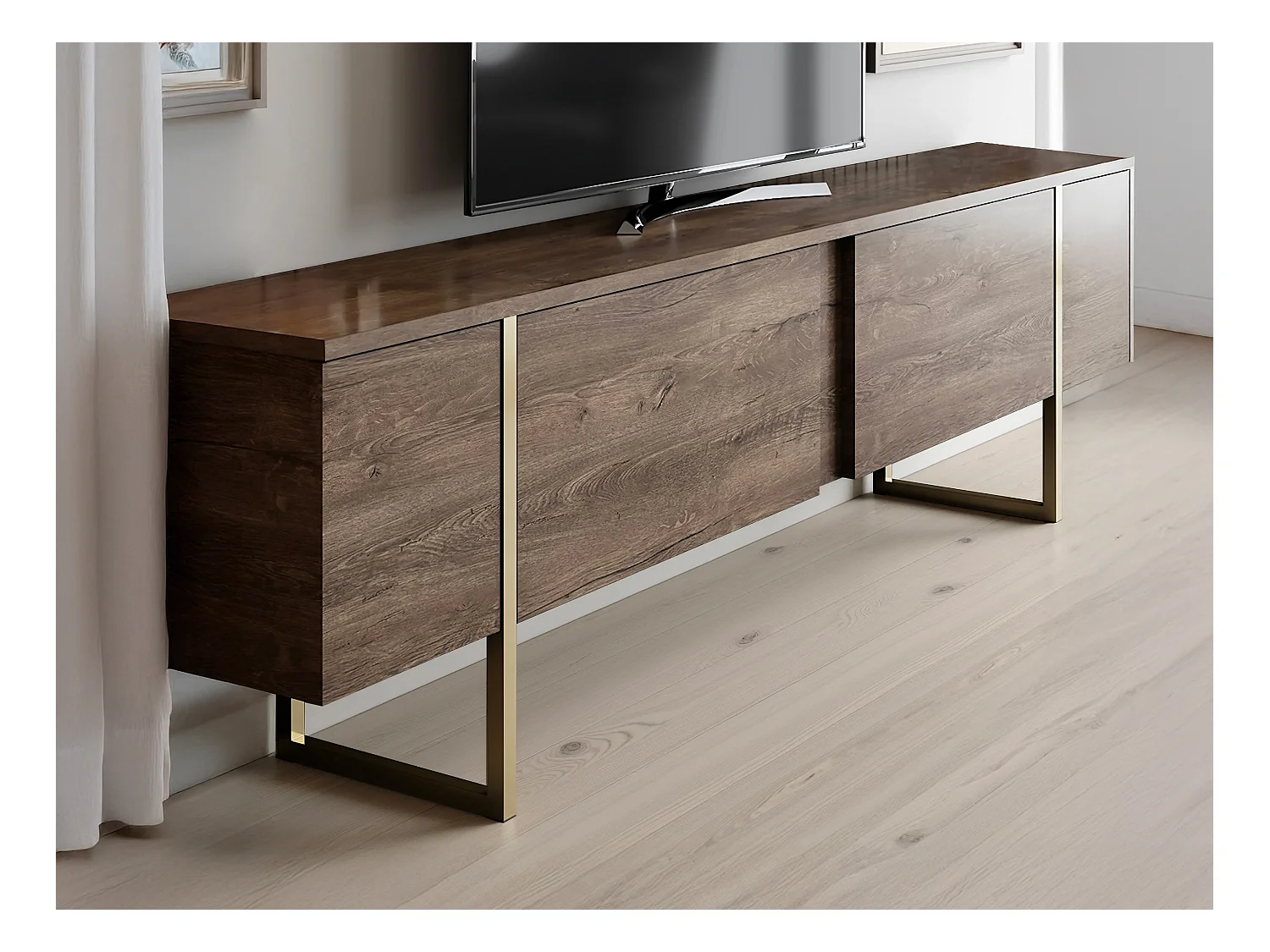 Meuble TV avec 2 portes - Naturel foncé et doré - ZIRELDA