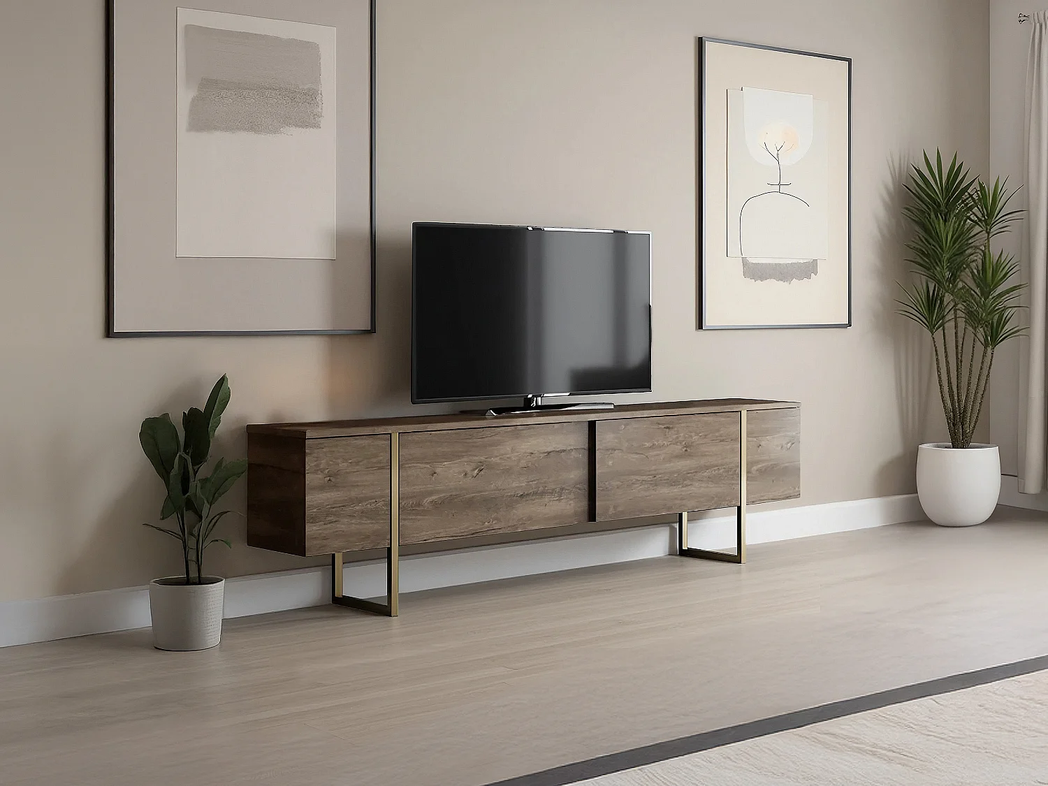 Meuble TV avec 2 portes - Naturel foncé et doré - ZIRELDA