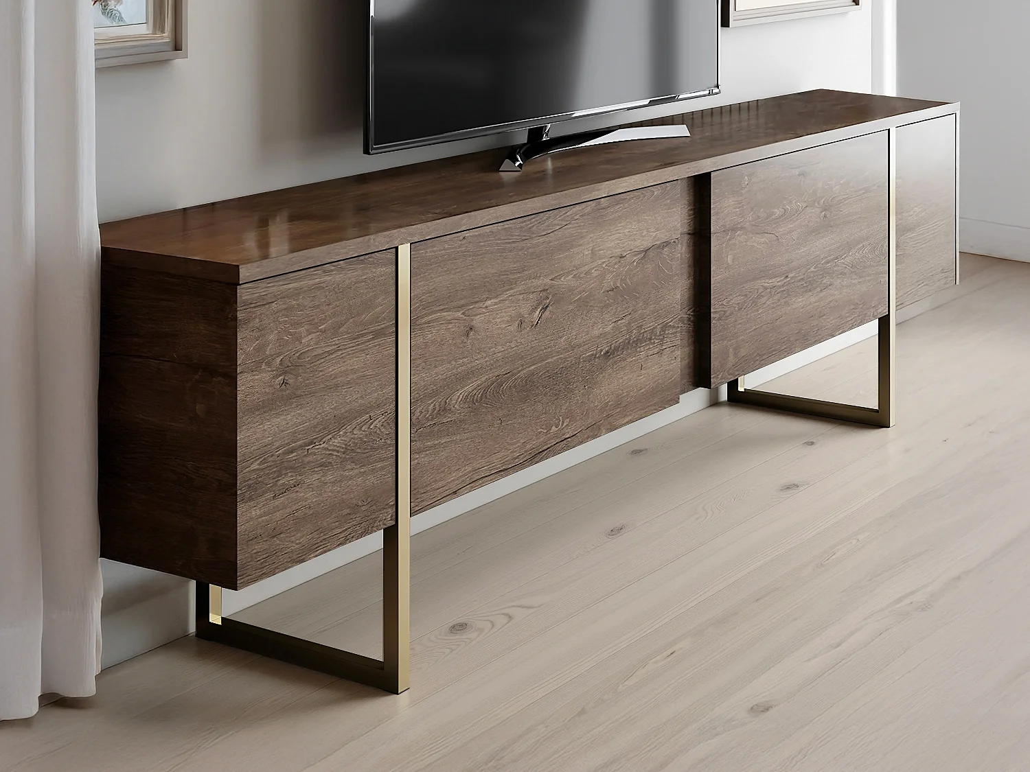 Meuble TV avec 2 portes - Naturel foncé et doré - ZIRELDA