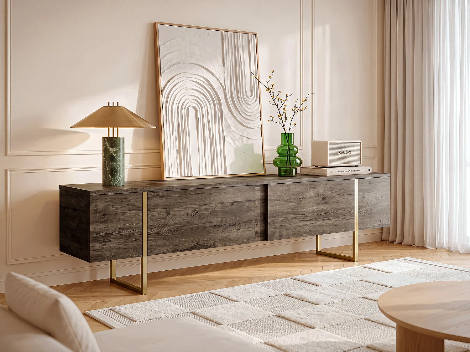 Meuble TV avec 2 portes - Naturel foncé et doré - ZIRELDA
