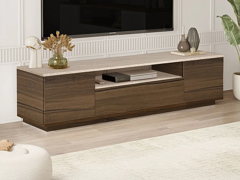 TV-Möbel mit 3 Türen und 1 Nische - Holzfarben dunkel & Beige - Travertin-Effekt - LOTULA