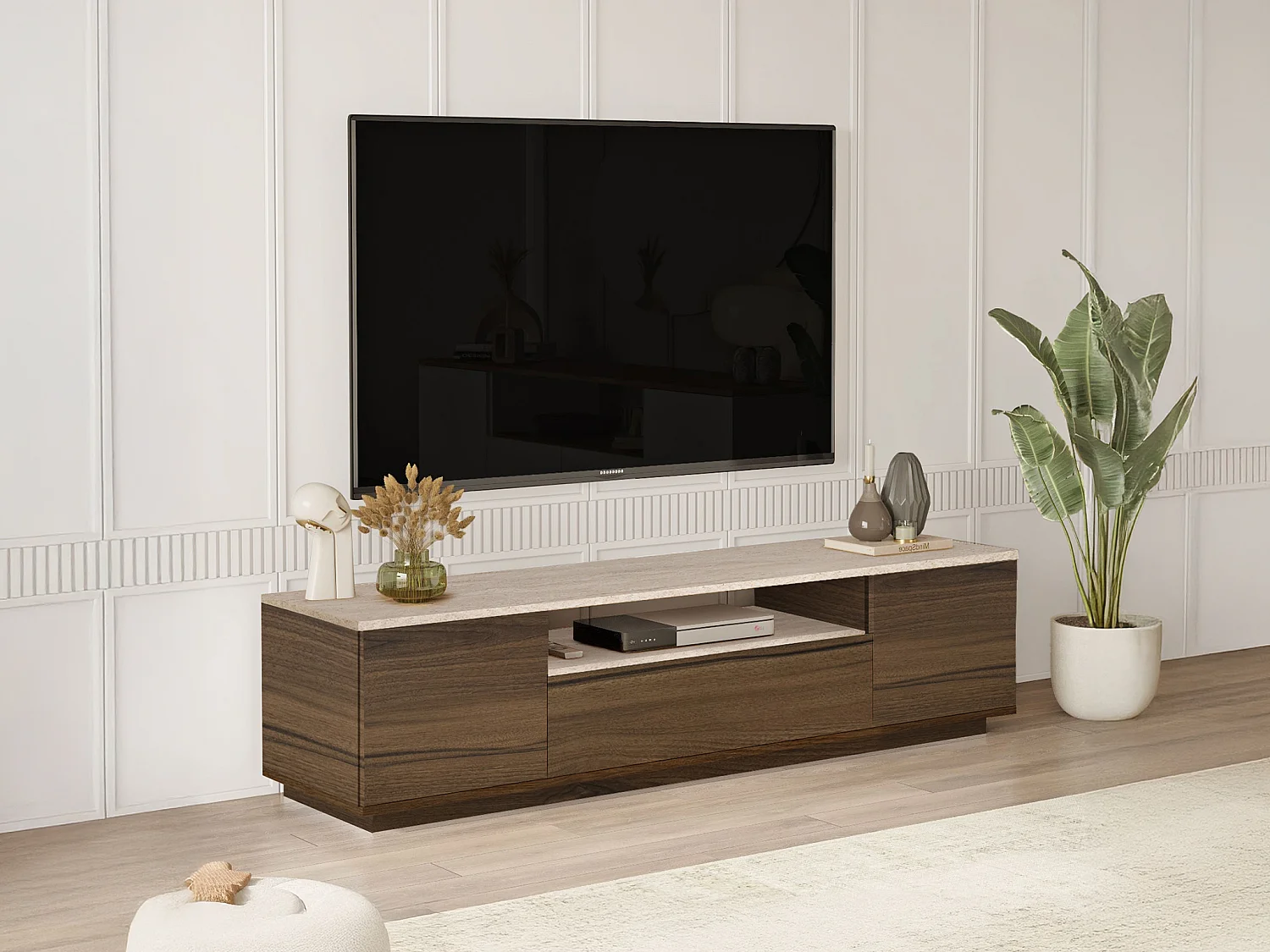 Meuble TV avec 3 portes et 1 niche - Naturel foncé et effet travertin beige - LOTULA