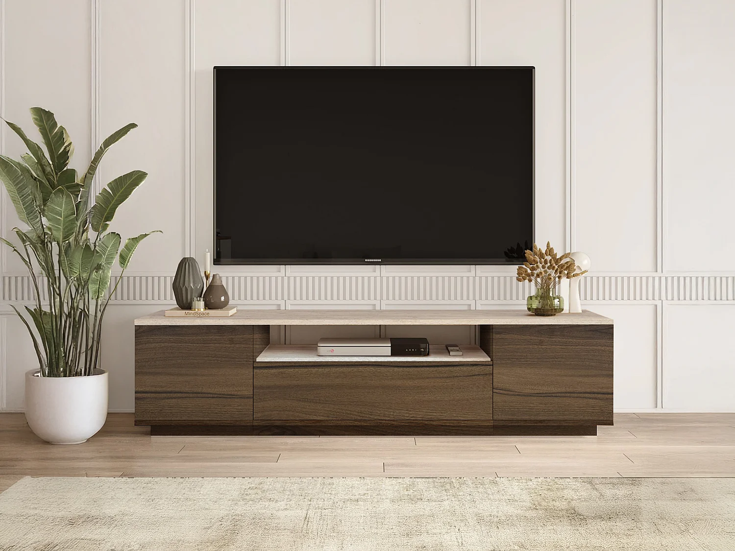 TV-møbel med 3 låger og 1 niche - Mørk naturlig og beige travertin-effekt - LOTULA