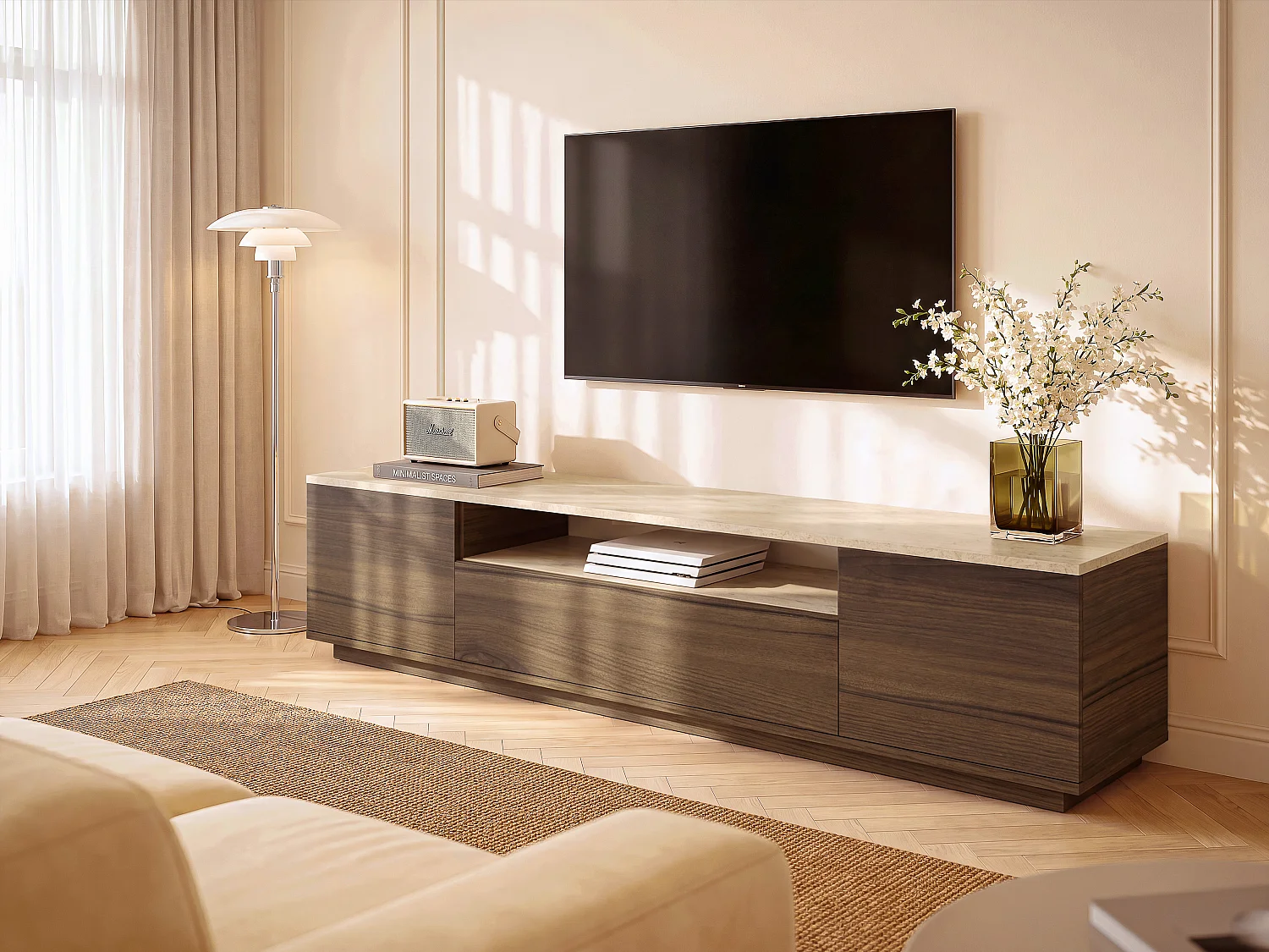 Meuble TV avec 3 portes et 1 niche - Naturel foncé et effet travertin beige - LOTULA
