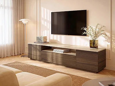 TV-møbel med 3 dører og 1 hylle - Mørk naturlig og beige travertin-effekt - LOTULA