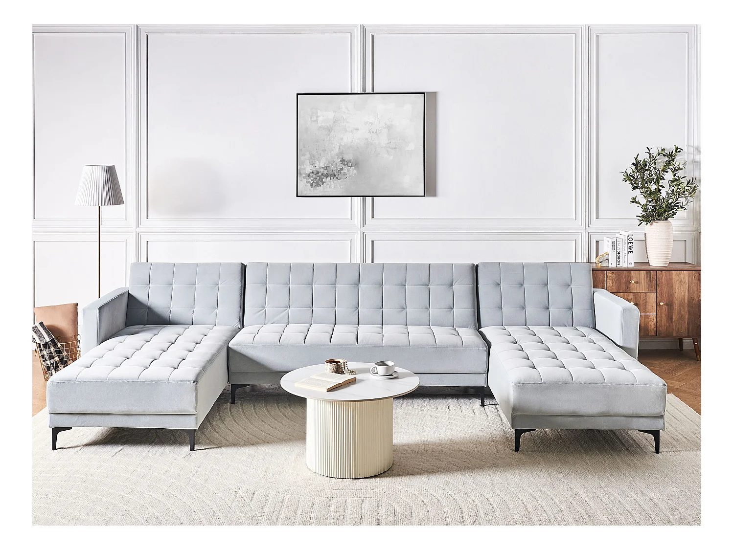 Canapé-lit modulable en forme de U 5 places ABERDEEN Velours Gris clair