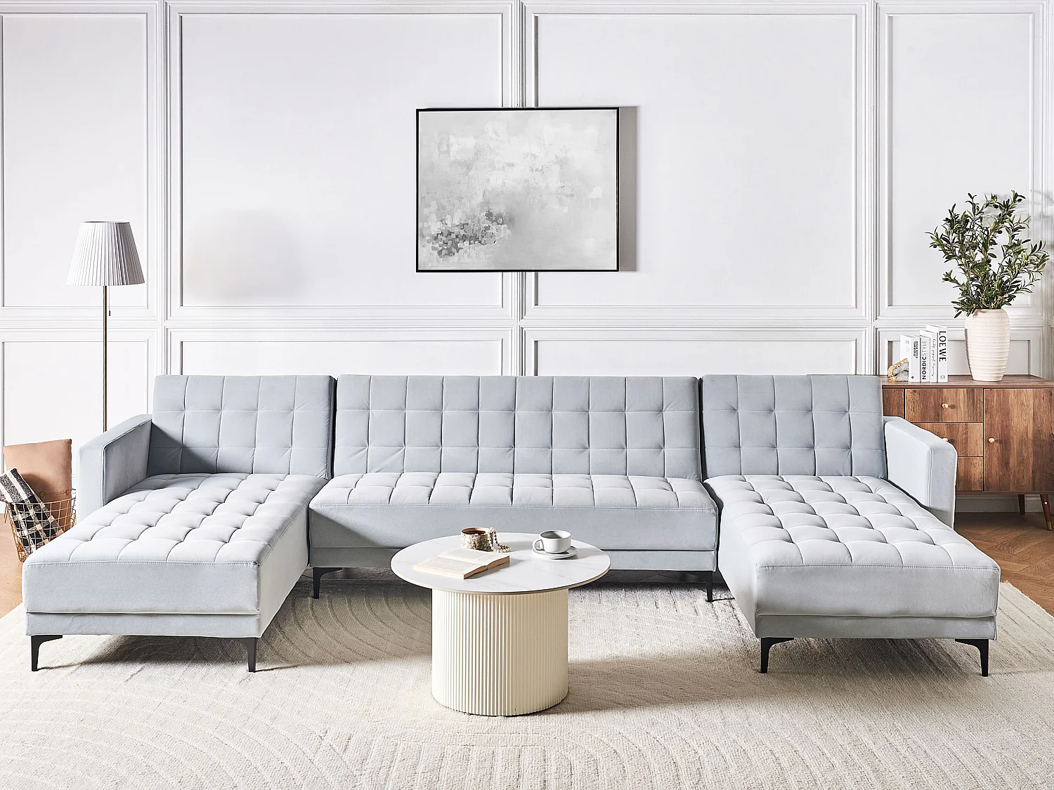 Canapé-lit modulable en forme de U 5 places ABERDEEN Velours Gris clair