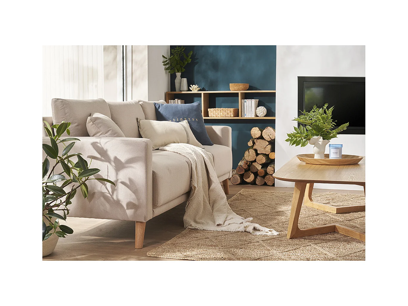 Canapé 3 places en tissu gris et bois clair MUNIK