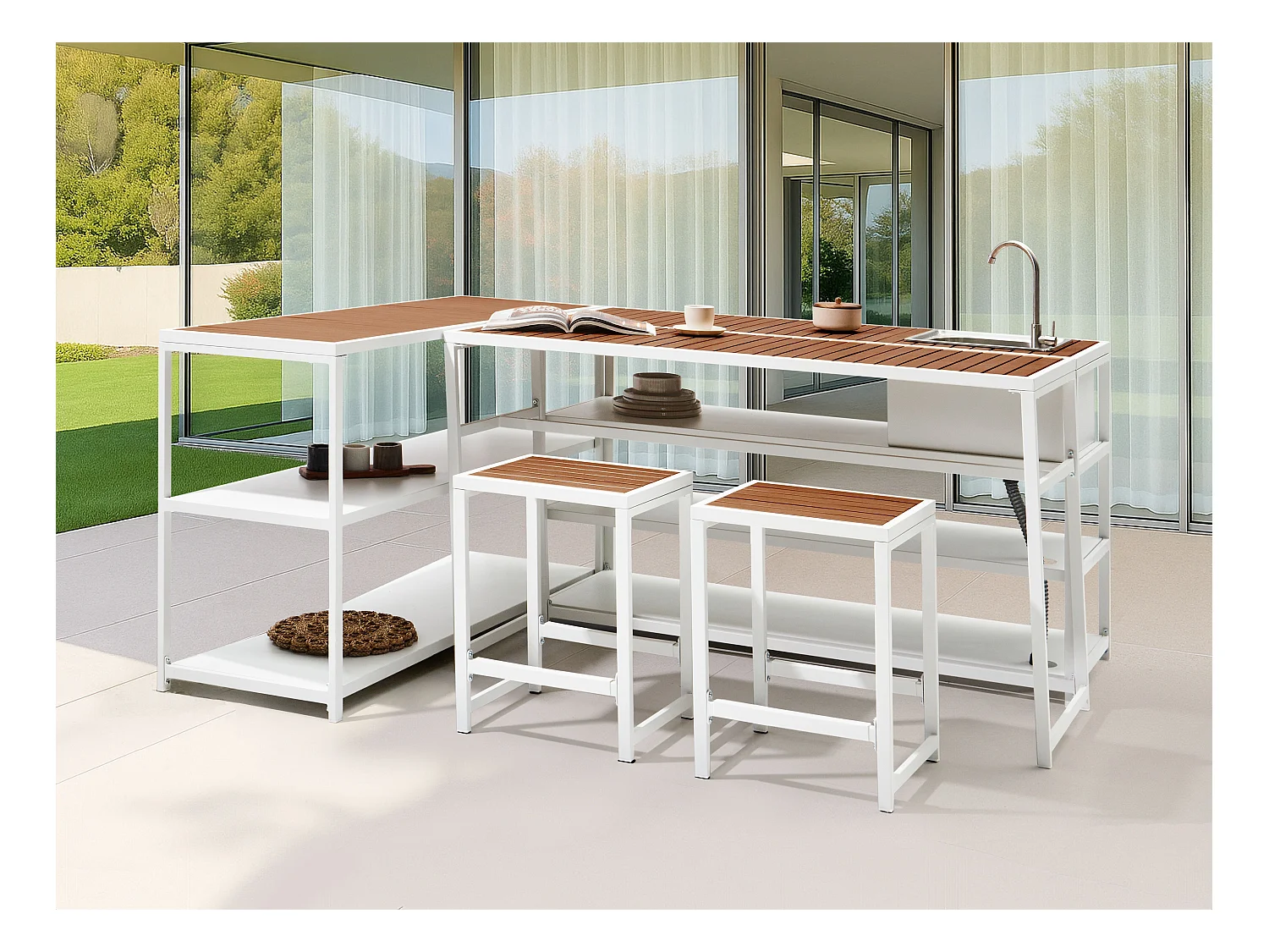 Wyspa kuchenna ogrodowa ze zlewem AVETRANA Metal Biały