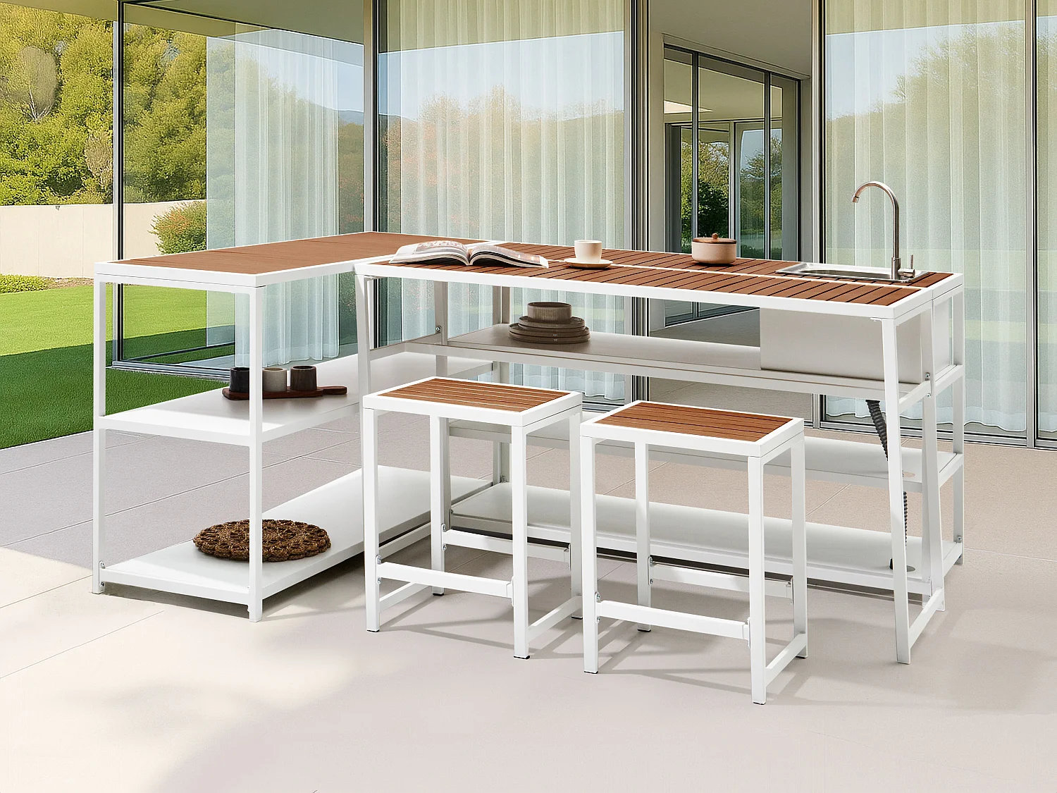 Ilot de cuisine extérieure avec évier AVETRANA Métal Marron/blanc