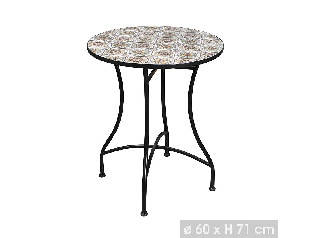 Table de jardin ronde bistrot collection PORTO – Mosaïque décorative – Métal noir – Ø60xH71 cm