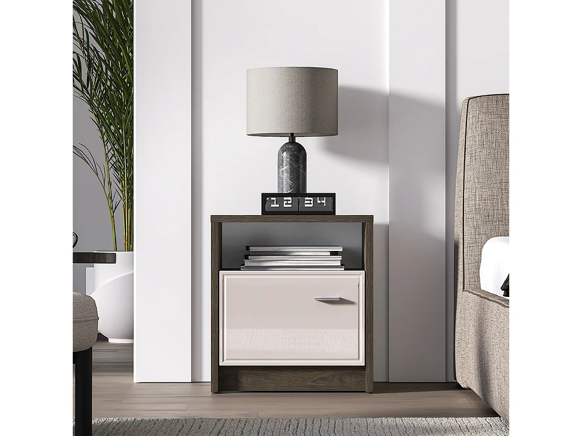 Chevet 1 porte Kaius Cachemire et Bois foncé