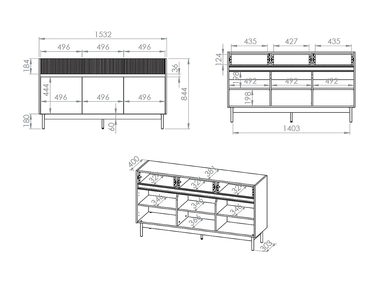 Buffet 3 portes 3 tiroirs Connie Cachemire et Bois