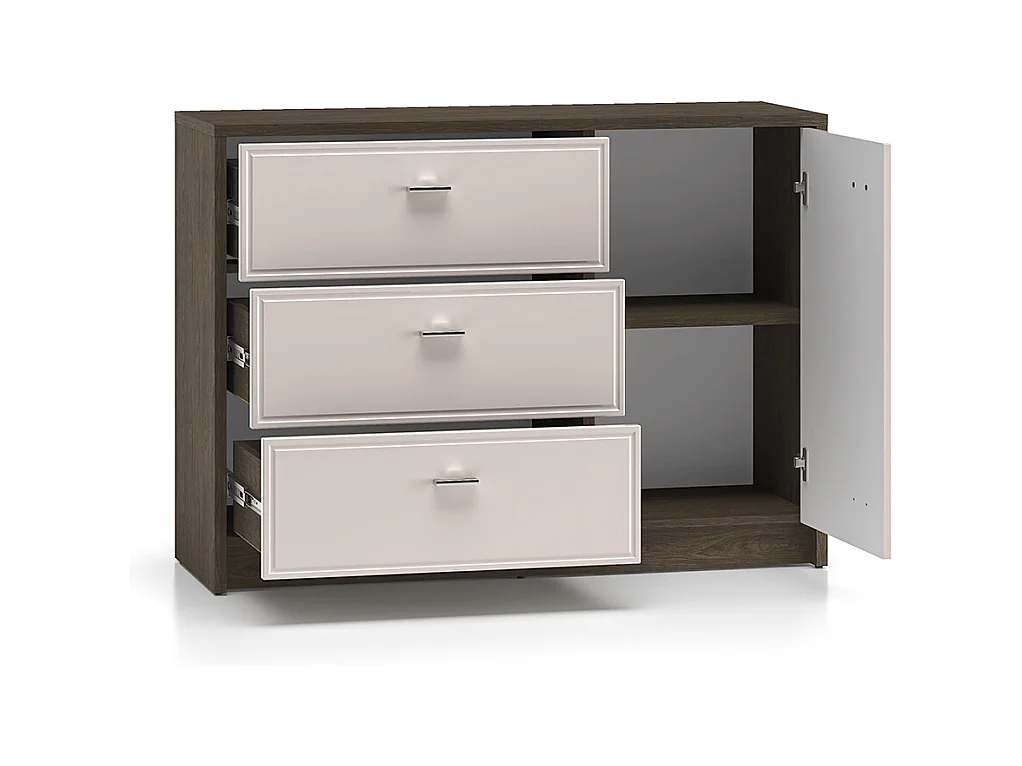 Aparador 1 porta 3 gavetas Kaius caxemira e madeira escura 84,9cm