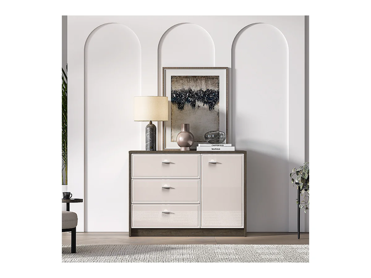 Aparador 1 porta 3 gavetas Kaius caxemira e madeira escura 84,9cm