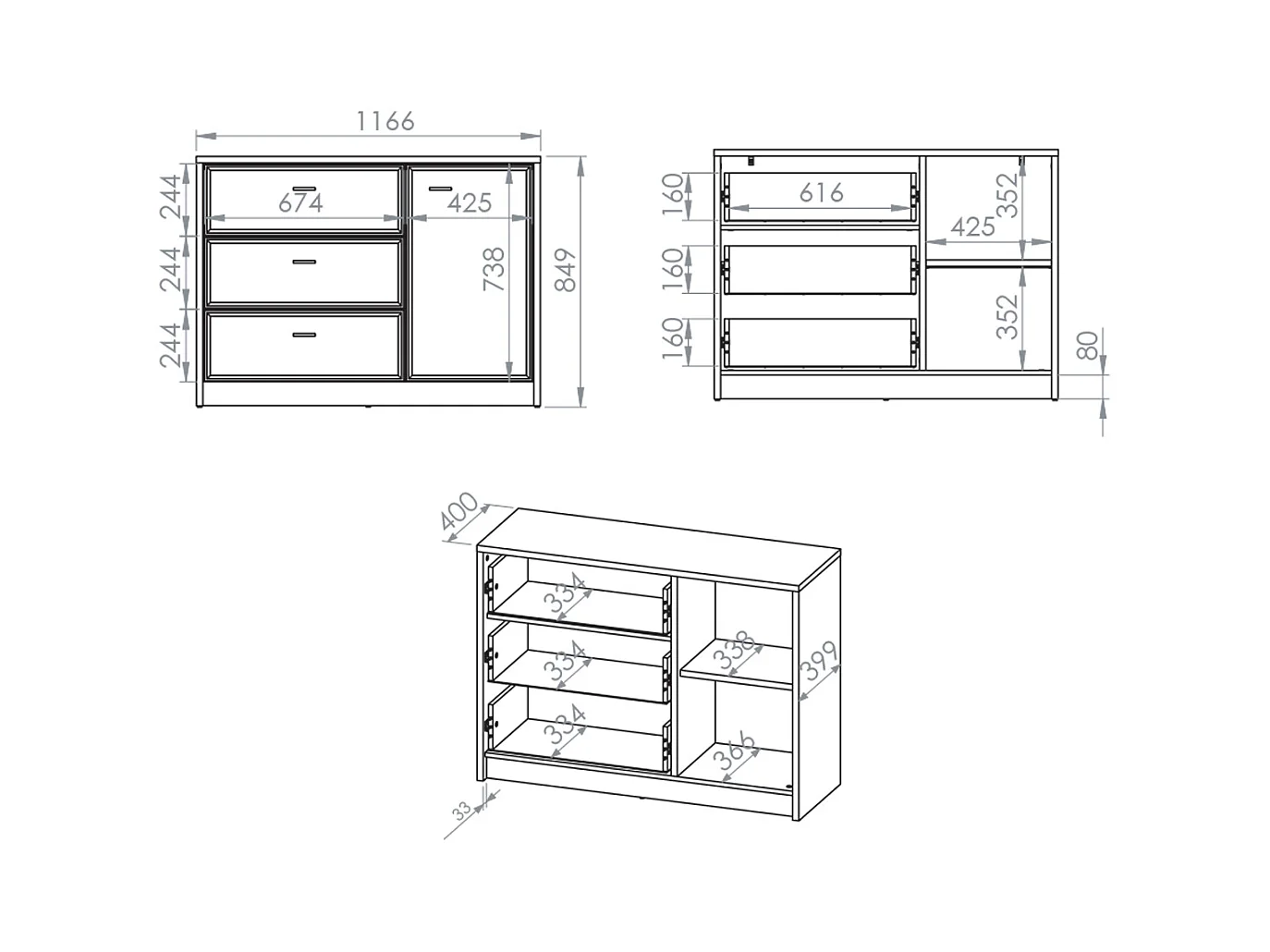 Aparador 1 porta 3 gavetas Kaius caxemira e madeira escura 84,9cm