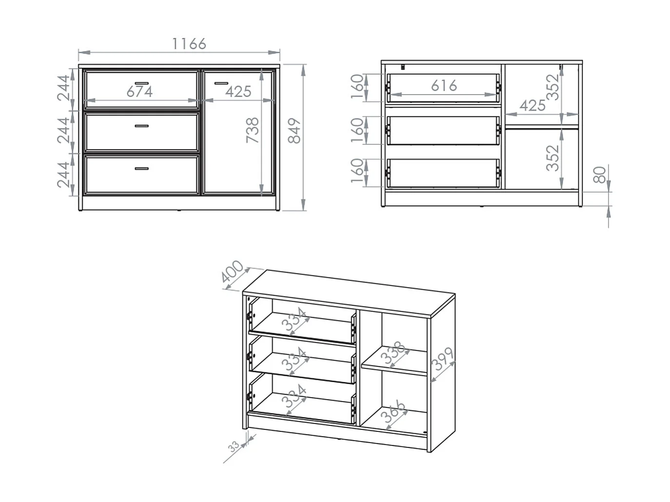 Buffet 1 porte 3 tiroirs Kaius Cachemire et Bois foncé
