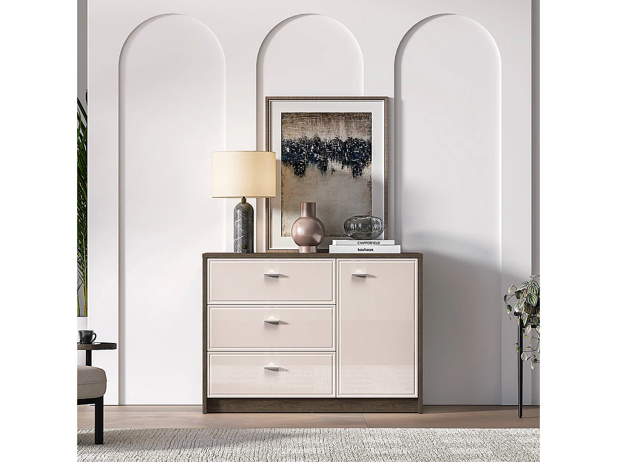 Credenza a 1 anta e 3 cassetti Kaius cachemire e legno scuro