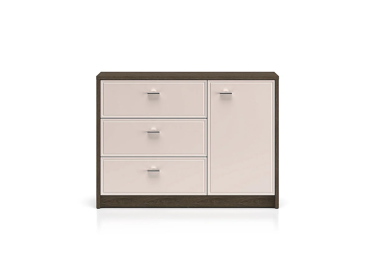 Credenza a 1 anta e 3 cassetti Kaius cachemire e legno scuro