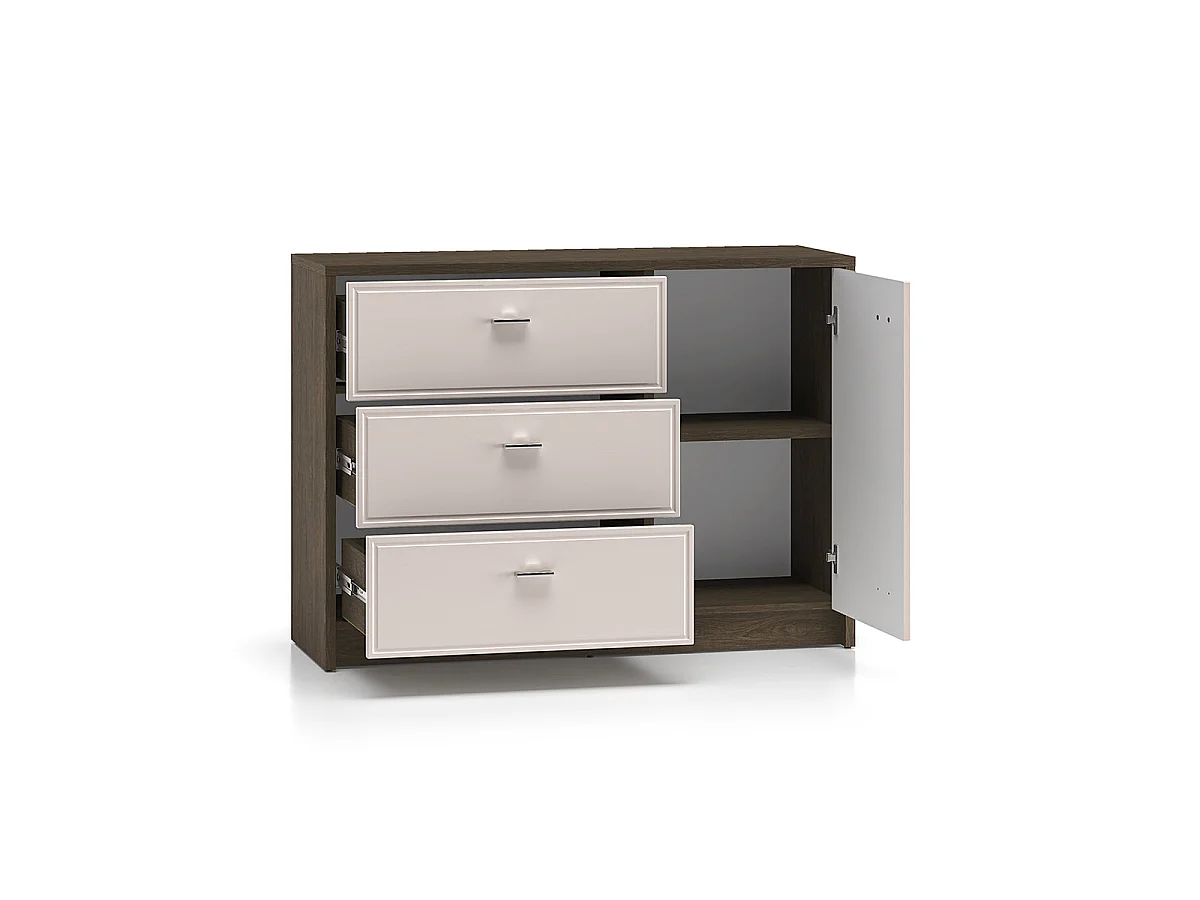 Credenza a 1 anta e 3 cassetti Kaius cachemire e legno scuro