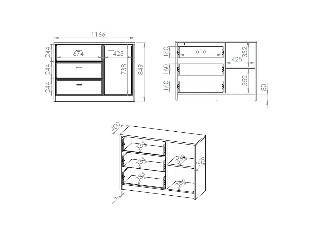 Credenza a 1 anta e 3 cassetti Kaius cachemire e legno scuro