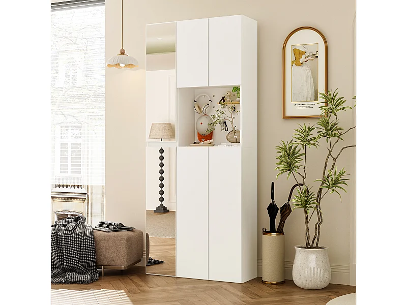 Armoire avec 2 Miroirs, 4 Portes et 1 Compartiment Ouvert pour Salle d’entrée et Salon, 75 x 27 x 180 CM, Blanc