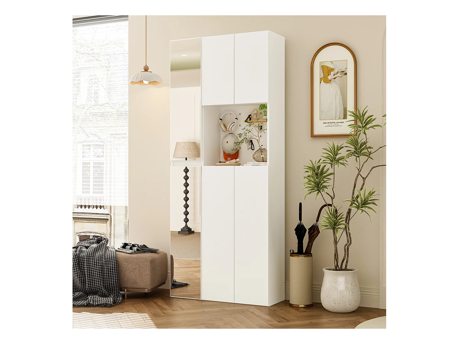 Armoire avec 2 Miroirs, 4 Portes et 1 Compartiment Ouvert pour Salle d’entrée et Salon, 75 x 27 x 180 CM, Blanc