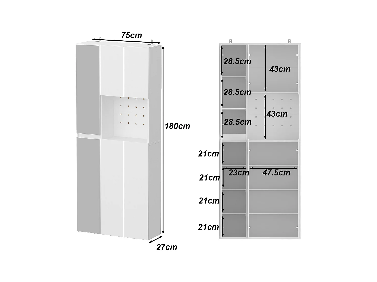 Armoire avec 2 Miroirs, 4 Portes et 1 Compartiment Ouvert pour Salle d’entrée et Salon, 75 x 27 x 180 CM, Blanc