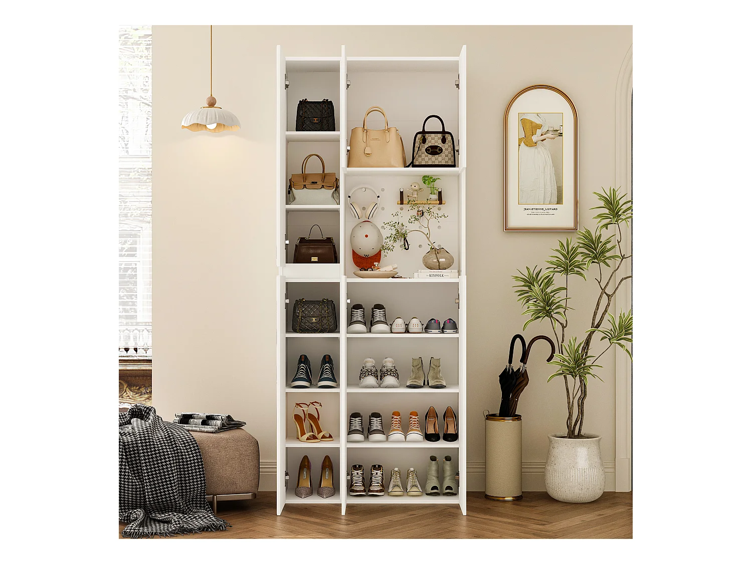 Armoire avec 2 Miroirs, 4 Portes et 1 Compartiment Ouvert pour Salle d’entrée et Salon, 75 x 27 x 180 CM, Blanc