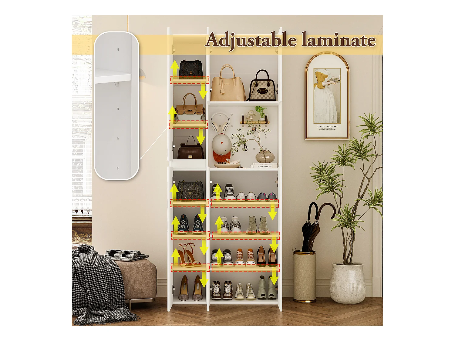 Armoire avec 2 Miroirs, 4 Portes et 1 Compartiment Ouvert pour Salle d’entrée et Salon, 75 x 27 x 180 CM, Blanc