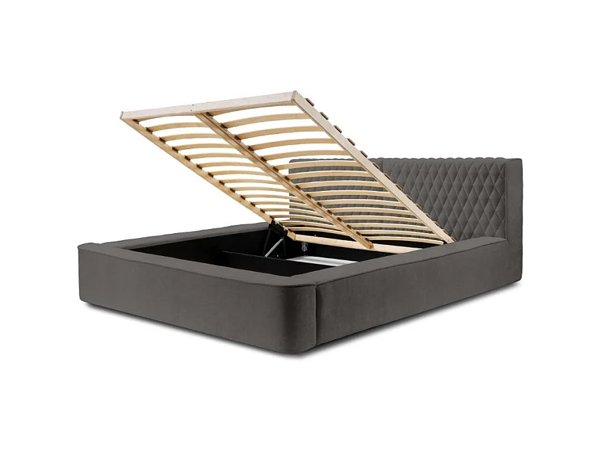 Cama baú VERNON – Tecido chenille bouclé Antracite profundo – 140x200 cm – Estrado elevatório – Design de alta qualidade