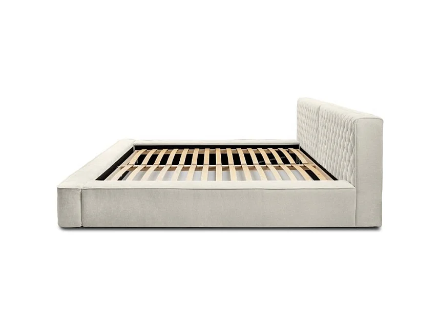 Cama con canapé VERNON - Tela chenilla rizada Lino natural - 160x200 cm - Somier elevable - Diseño de alta gama