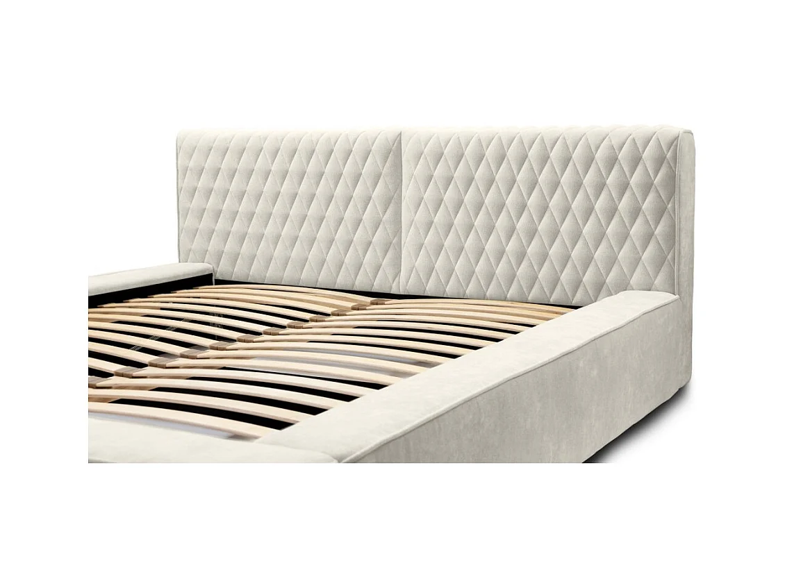 Cama con canapé VERNON - Tela chenilla rizada Lino natural - 160x200 cm - Somier elevable - Diseño de alta gama