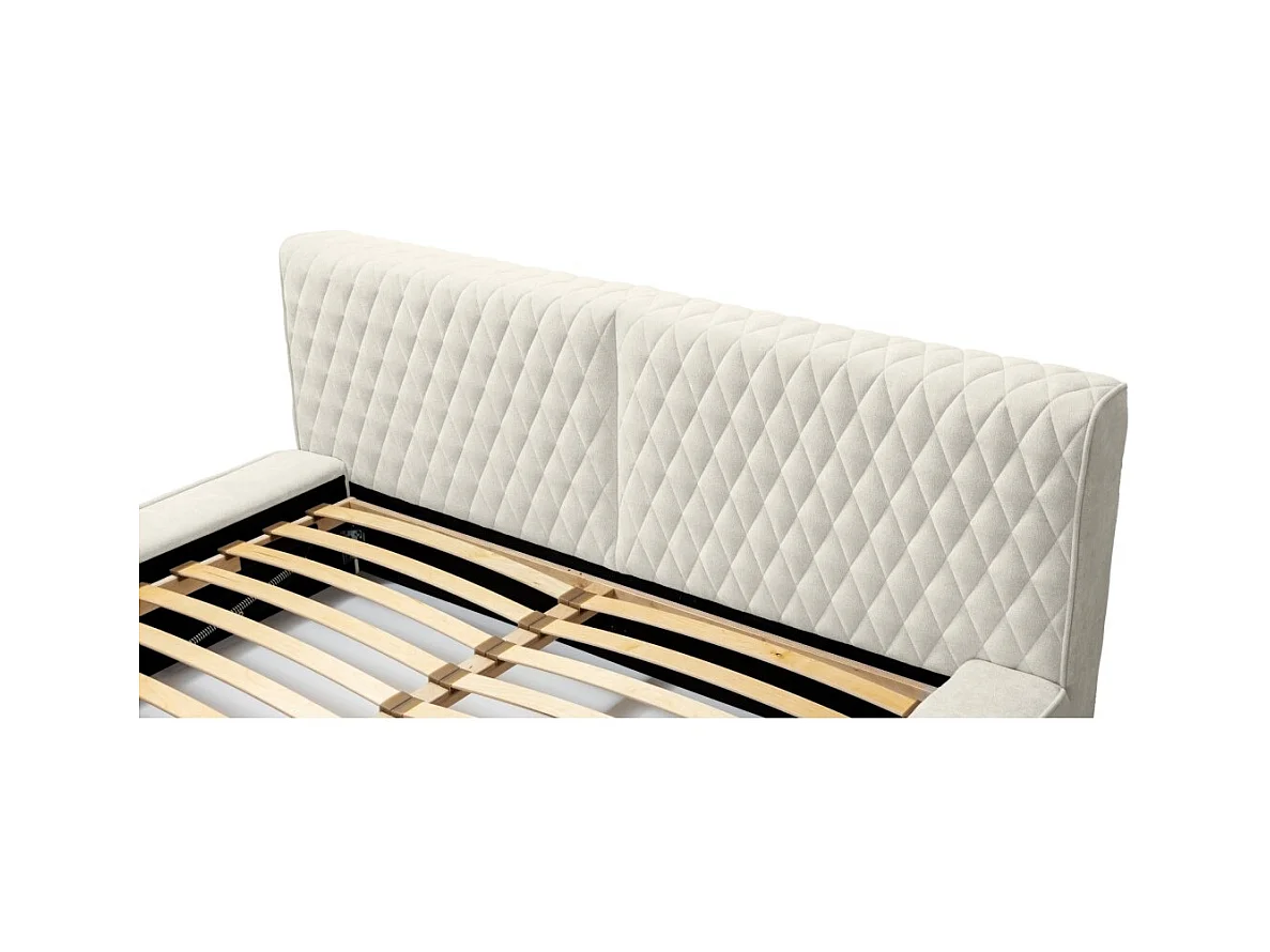 Cama con canapé VERNON - Tela chenilla rizada Lino natural - 160x200 cm - Somier elevable - Diseño de alta gama