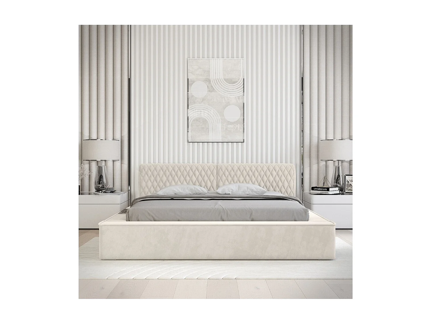 Cama con canapé VERNON - Tela chenilla rizada Lino natural - 160x200 cm - Somier elevable - Diseño de alta gama