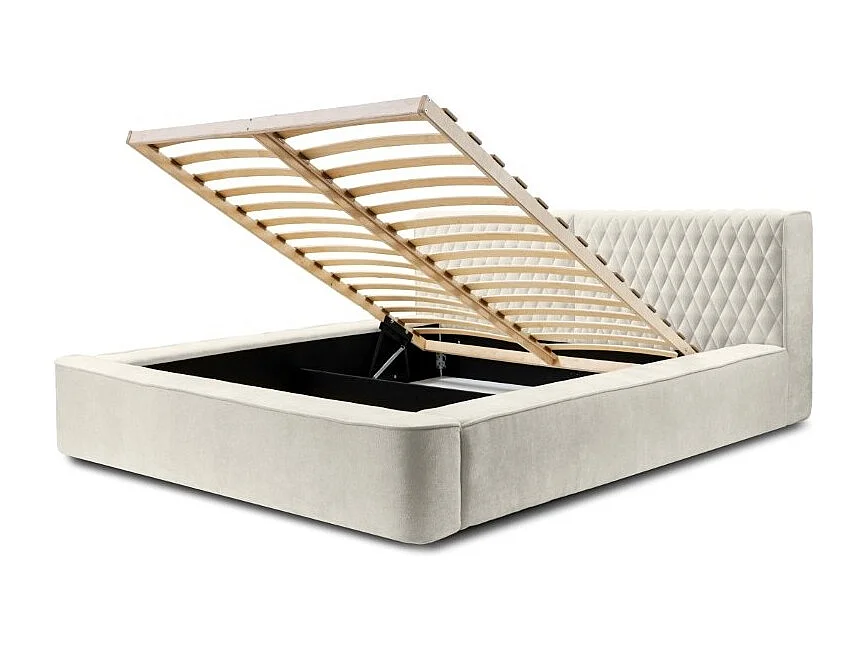 Cama con canapé VERNON - Tela chenilla rizada Lino natural - 160x200 cm - Somier elevable - Diseño de alta gama