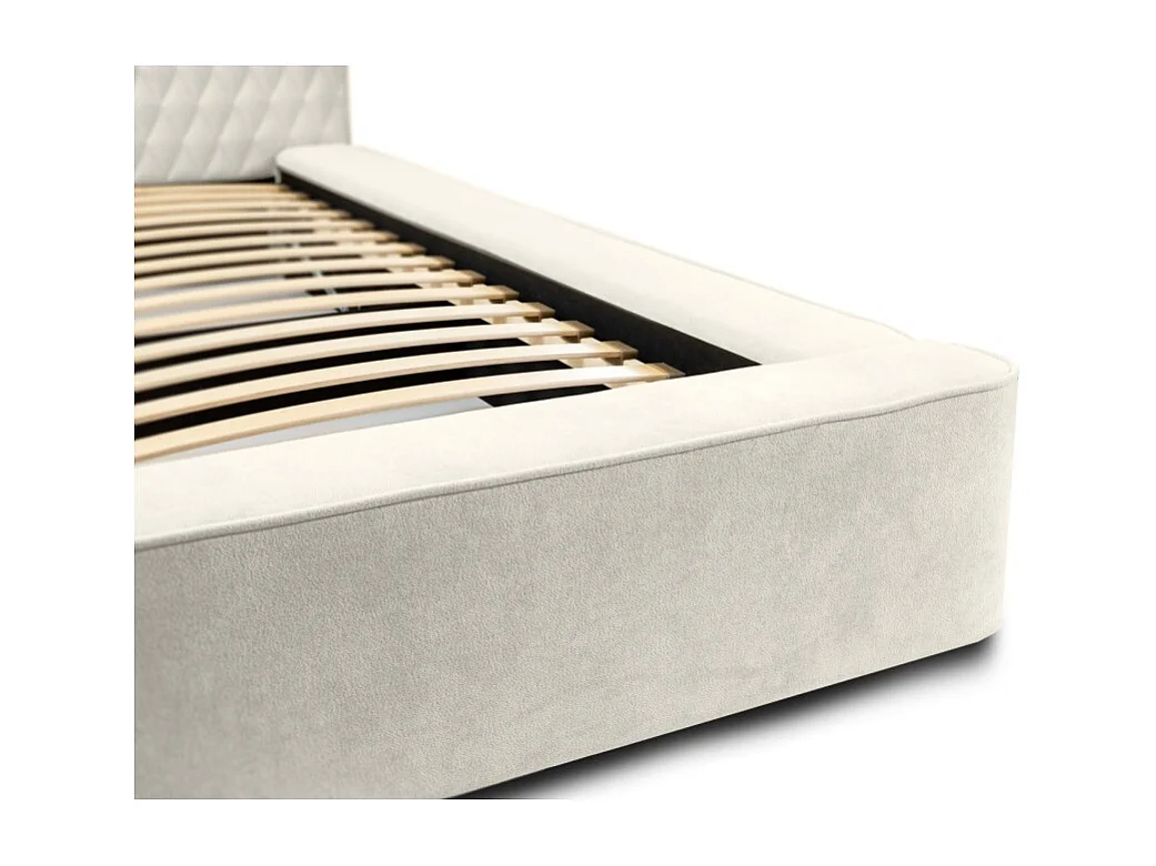 Cama con canapé VERNON - Tela chenilla rizada Lino natural - 160x200 cm - Somier elevable - Diseño de alta gama