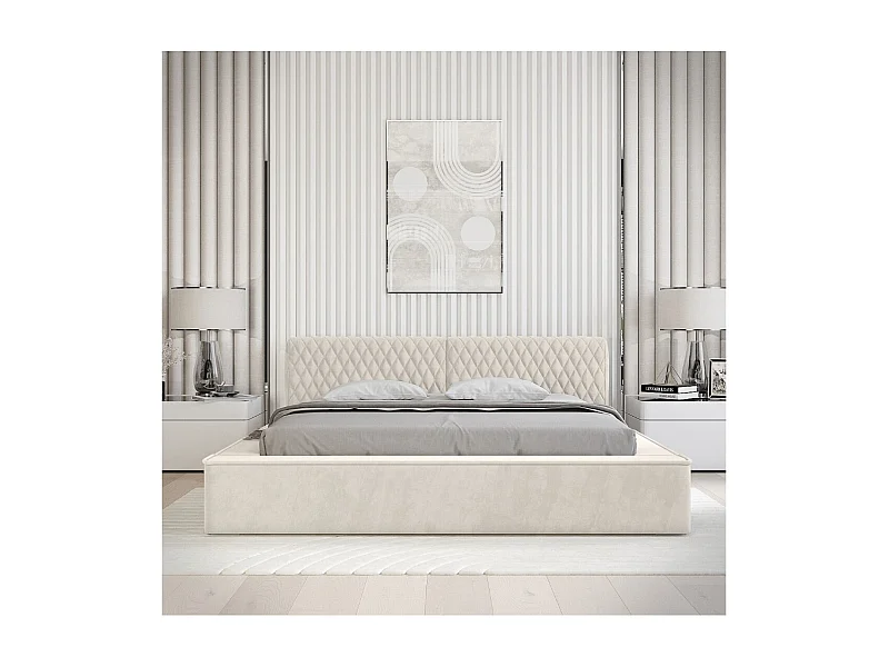 Cama con canapé VERNON - Tela chenilla rizada Lino natural - 160x200 cm - Somier elevable - Diseño de alta gama