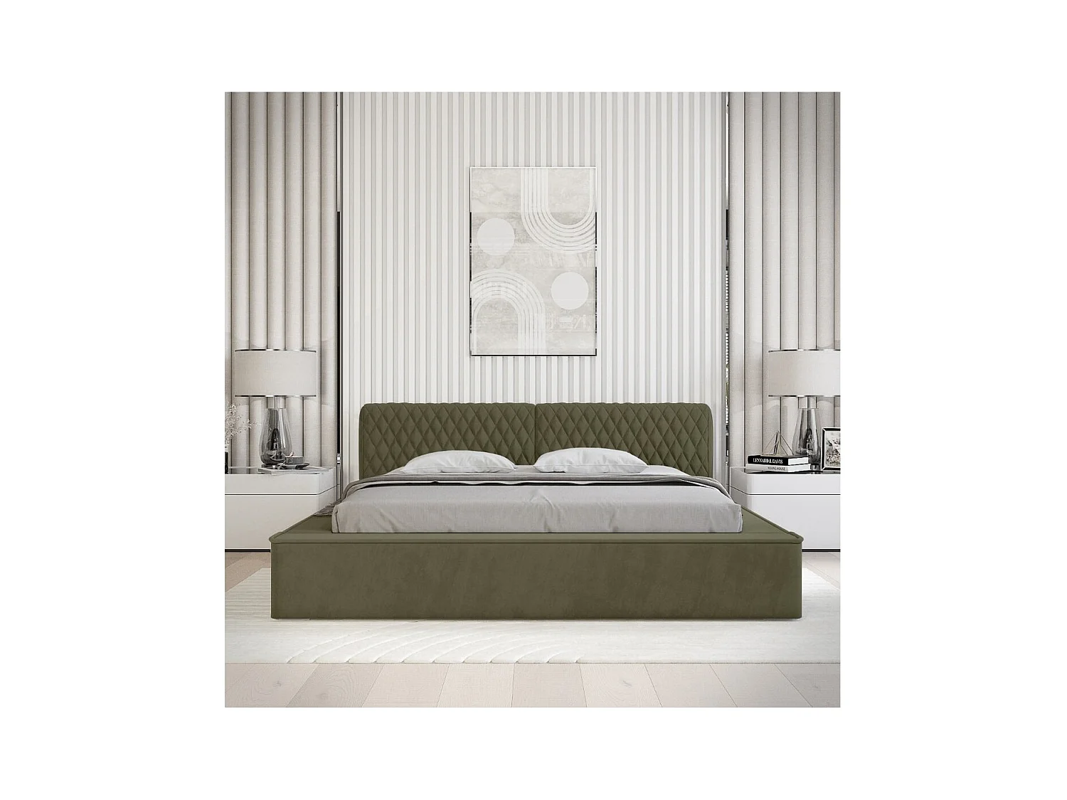 Cama baú VERNON – Tecido chenille bouclé Folha de oliveira – 160x200 cm – Estrado elevatório – Design de alta qualidade