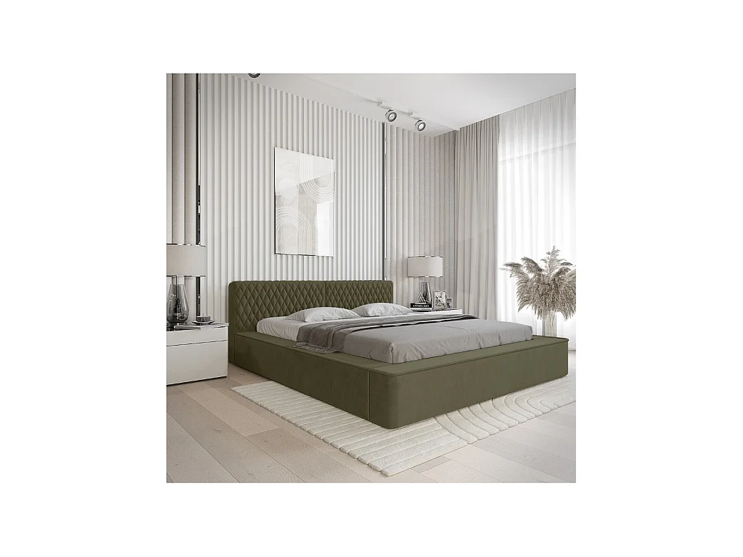 Cama baú VERNON – Tecido chenille bouclé Folha de oliveira – 160x200 cm – Estrado elevatório – Design de alta qualidade