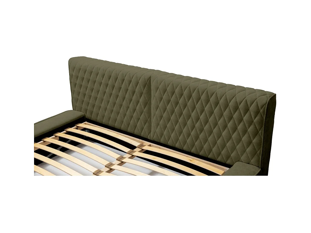 Cama baú VERNON – Tecido chenille bouclé Folha de oliveira – 160x200 cm – Estrado elevatório – Design de alta qualidade