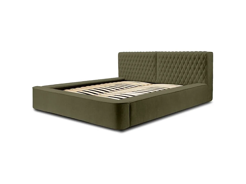 Baú de Cama VERNON – Tecido de Chenille Bouclé Cor de Folha de Oliveira – 140x200 cm – Estrado Elevatório – Design de Alta Qualidade