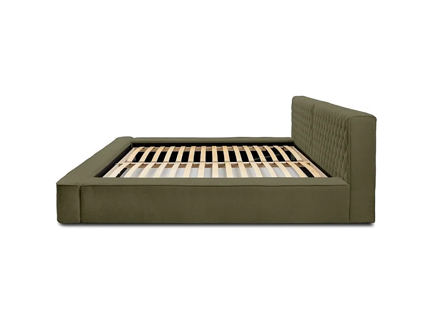 Baú de Cama VERNON – Tecido de Chenille Bouclé Cor de Folha de Oliveira – 140x200 cm – Estrado Elevatório – Design de Alta Qualidade