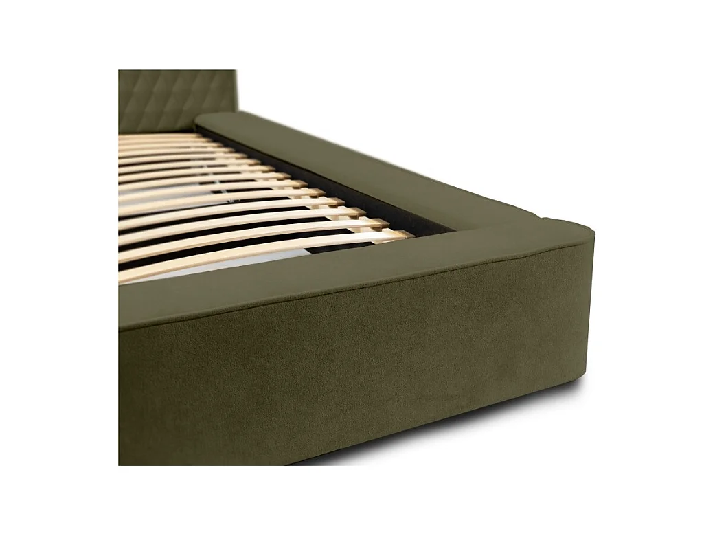 Baú de Cama VERNON – Tecido de Chenille Bouclé Cor de Folha de Oliveira – 140x200 cm – Estrado Elevatório – Design de Alta Qualidade