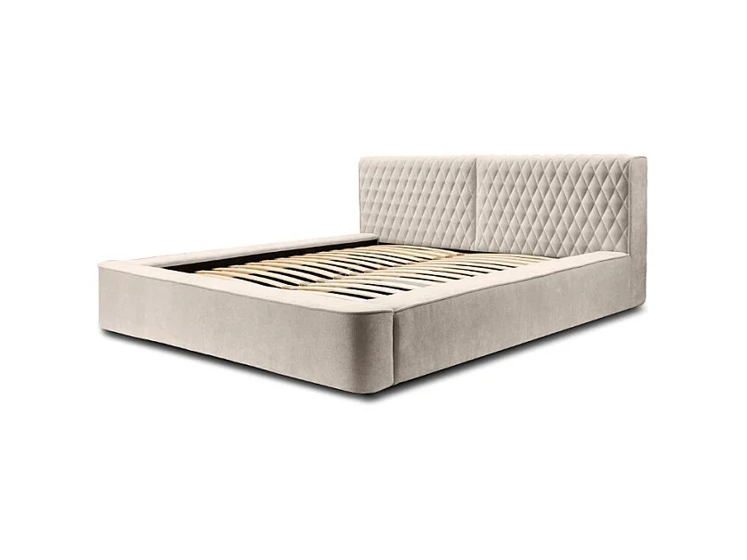 Lit coffre VERNON – Tecido chenille bouclé Areia rosada – 160x200 cm – Estrado elevatório – Design de alta qualidade